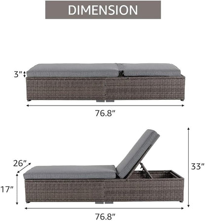 Patiorama Outdoor Patio Chaise Lounge Chair, Elegant Reclining Adjustable Pool Rattan Chaise Lounge Chair with Cushion, Grey PE Wicker, Steel Frame,Light Grey, Set of 2