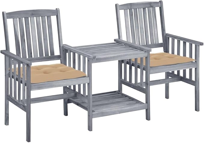 vidaXL Solid Acacia Wood Garden Patio Chairs with Tea Table and Beige Cushions - 62.6" L x 24" W x 36.2" H - Gray Finish - Photo 1