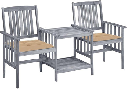 vidaXL Solid Acacia Wood Garden Patio Chairs with Tea Table and Beige Cushions - 62.6" L x 24" W x 36.2" H - Gray Finish