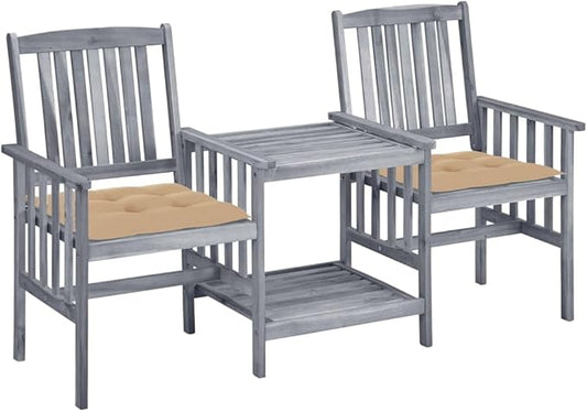 vidaXL Solid Acacia Wood Garden Patio Chairs with Tea Table and Beige Cushions - 62.6" L x 24" W x 36.2" H - Gray Finish