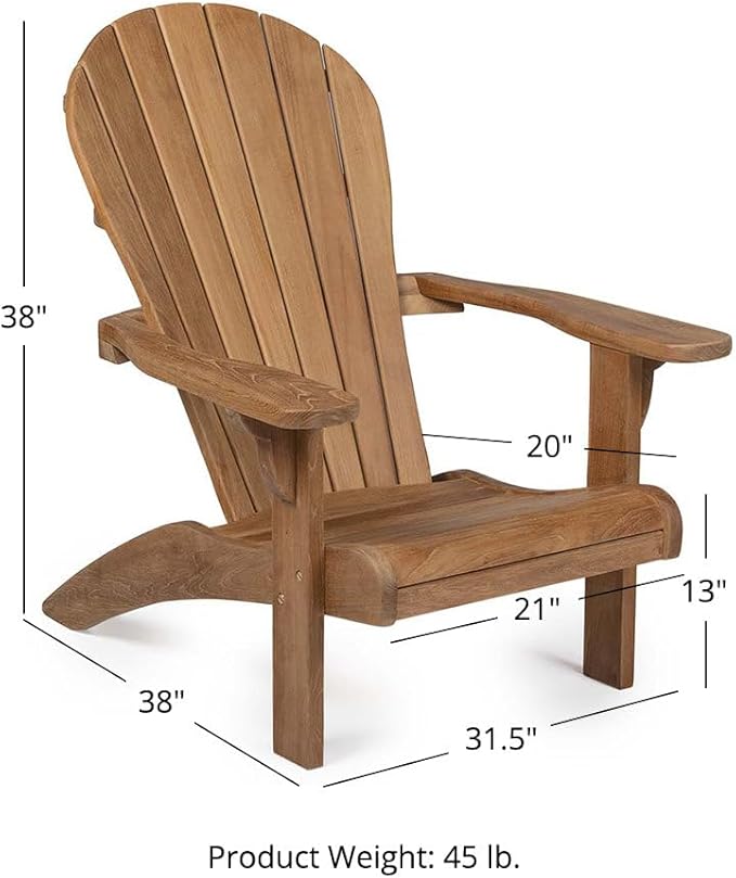 TITAN GREAT OUTDOORS Ash & Ember Savannah Grade A Teak Adirondack Chair, Weather Resistant Patio Lounge with Gently Curved Seat and Back, for Deck, Porch, or Backyard, Indoor Outdoor Use