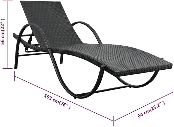 Modern Outdoor Chaise Lounge 25.2x76x22 in Steel Frame UV-Safe Poly Rattan Adjustable Recliner Chair Black & Cream - Photo 2