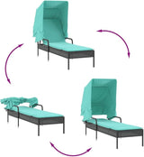 78.7"x24.4" Black/Turquoise Outdoor Chaise Lounge with Retractable Canopy, Adjustable Armrests, UV Rattan, Cushions - Photo 8