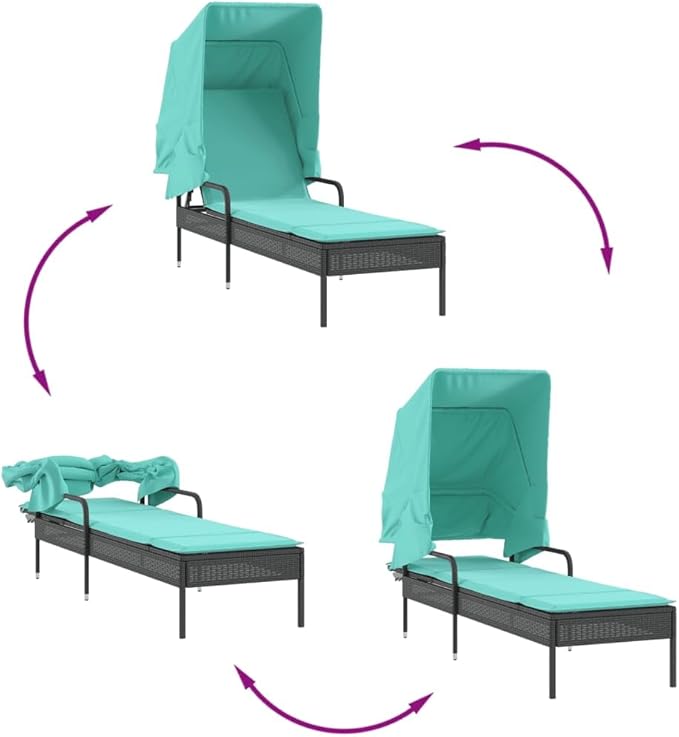 Patio Sun Lounger Black and Turquoise with Retractable Canopy and Adjustable Armrests - Photo 7