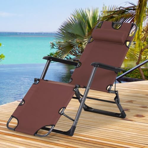 3-in-1 Oversized Sun Tanning Chair with Mat & Face Hole, Heavy Duty Folding Chaise Lounge - 5-Position Adjustable Outdoor Chair for Beach, Pool, Patio, Lawn, Yard - Includes Pillow (Brown 2)