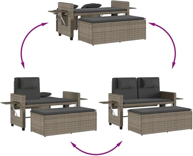 Reclining Patio Bench with Cushions Gray Poly Rattan Outdoor Bench Deck Bench Garden Bench Porch Bench for patios - Photo 9