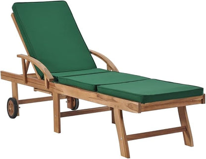 Sun Lounger Set of 2, Outdoor Patio Chaise Lounge Chairs with Adjustable Backrest and Wheels, Solid Teak Wood Poolside Garden Furniture, Green Polyester Cushions for Relaxation
