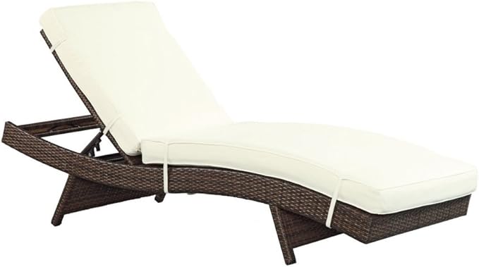 Modway Peer Wicker Rattan Outdoor Patio Two Chaise Lounge Chairs with Cushions in Brown White