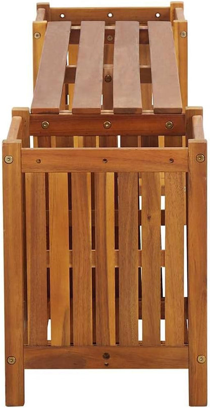 Solid Acacia Wood Garden Bench with Integrated Planters 59.1 Inch Rustic Outdoor Bench for Patio Balcony and Backyard Durable Weather Resistant Seating