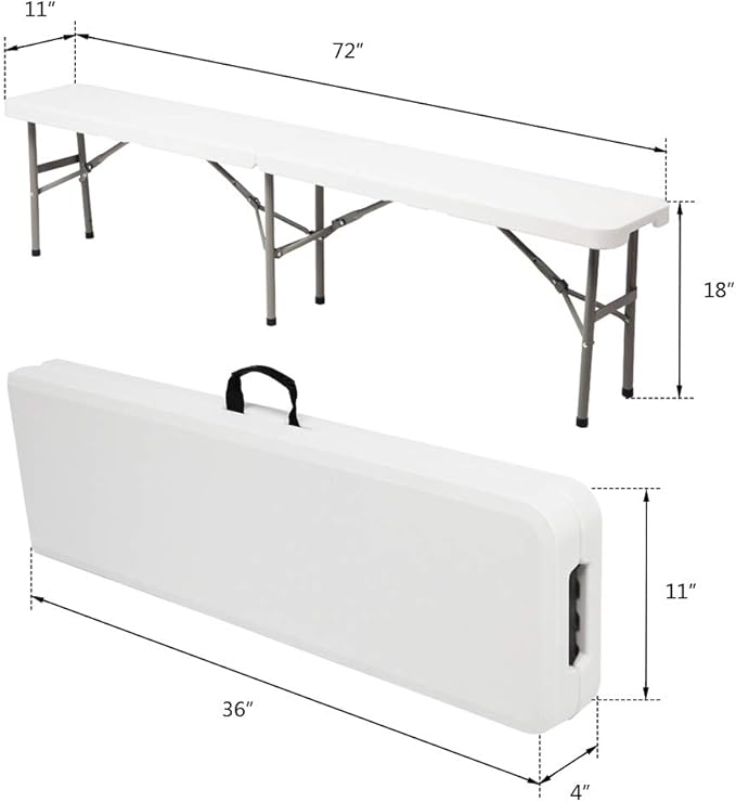6ft Portable Plastic Folding Bench,Outdoor Foldable Courtyard Benchs,Patio Furniture Bench Chair,Outside & Indoor Dining Benchs,with Metal Legs,for Porch Backyard Garden Poolside Balcony (White)