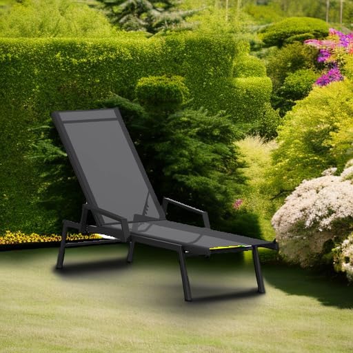 Flash Furniture Brazos Adjustable Chaise Lounge Chair with Arms, All-Weather Outdoor Five-Position Recliner, Black/Black - Photo 5