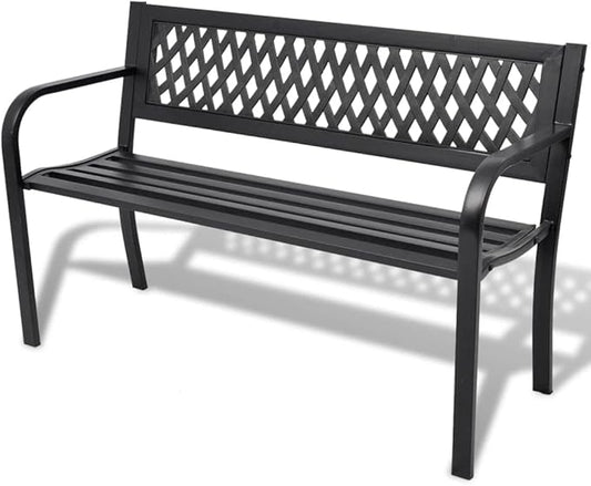 Black Steel Frame 2-Seater Durable Rectangular Garden Bench with PVC Backrest for Outdoor Patio and Balcony Seating