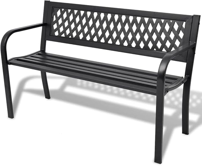 Black Steel Frame 2-Seater Durable Garden Bench with PVC Backrest for Outdoor Patio and Garden Seating, Rectangular Traditional Design, Easy Maintenance Matte Finish,