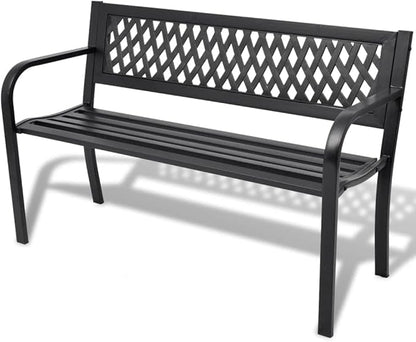 Black Steel Frame 2-Seater Durable Garden Bench with PVC Backrest for Outdoor Patio and Balcony Seating Rectangular Design