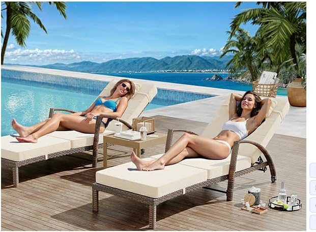 Outdoor Chaise Lounge Chairs Set of 2, Patio Rattan Reclining Chair with 5-Position Adjustable Backrest, All-Weather Pool Sunbathing Recliners with Rolling Wheels for Outside, Brown and Beige，2pcs
