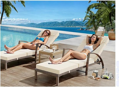 Outdoor Chaise Lounge Chairs Set of 2, Patio Rattan Reclining Chair with 5-Position Adjustable Backrest, All-Weather Pool Sunbathing Recliners with Rolling Wheels for Outside, Brown and Beige，2pcs