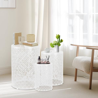 Outdoor Side Table Set of 3, Nesting Coffee End Tables Indoor, Lightweight Patio Furniture for Balcony, Garden,Coffee Table for Indoor, Plant Stand Outdoor,12", 14", 16" H (White)