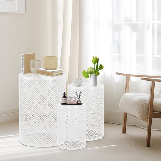 Outdoor Side Table Set of 3, Nesting Coffee End Tables Indoor, Lightweight Patio Furniture for Balcony, Garden,Coffee Table for Indoor, Plant Stand Outdoor,12", 14", 16" H (White)