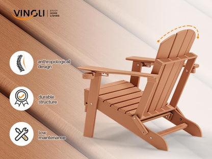 VINGLI Back-Adjustable Plastic Folding Adirondack Chairs Set of 4 with Retractable Footrest & 2-in-1 Cup Holders, Waterproof HDPE Outdoor Fire Pit Chairs for Patio, Pool, Capacity 400 LBS, Teak