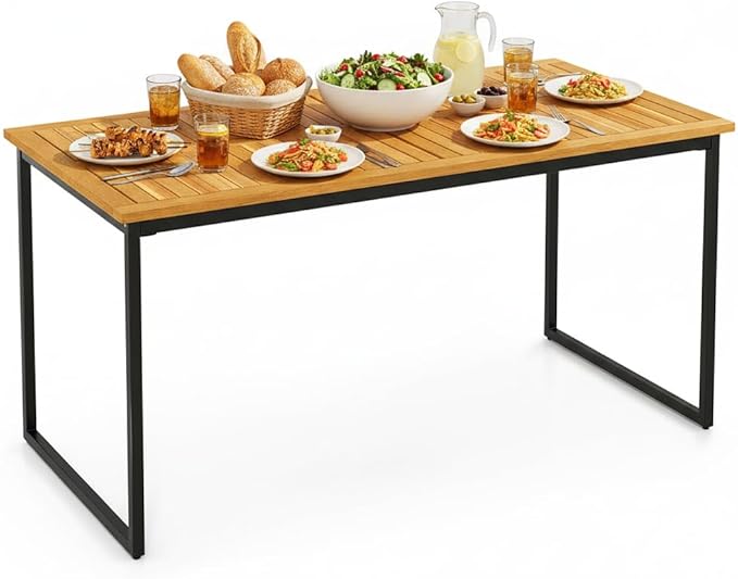 Tangkula 55 Inches Acacia Wood Patio Dining Table for 6, Rectangle Outdoor Table with Heavy Duty Metal Legs and Umbrella Hole, Outside Table for Backyard, Deck, Lawn, Poolside