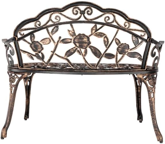 38.5" Outdoor Garden Bench, Patio Furniture Cast Aluminum Outdoor Bench with Rose Backrest - Photo 5