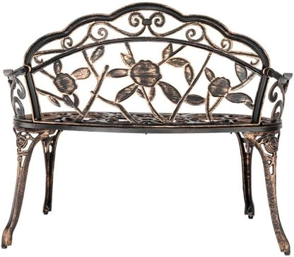 38.5" Outdoor Garden Bench, Patio Furniture Cast Aluminum Outdoor Bench with Rose Backrest, Weather Proof Patio Park Chair with Antique Style for Park, Porch, Pool, Backyard