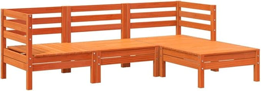 Modular Garden Sofa Set, 3-Seater Outdoor Patio Furniture with Footstool, Solid Pine Wood Wax Brown Finish, Large Weather-Resistant Sectional Couch for Backyard Terrace