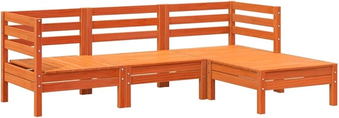 3-Seater Patio Sofa with Footstool Wax Brown Solid Pine Wood Outdoor Furniture Set for Garden Balcony Porch Modular Design Water-Resistant Slatted Seating