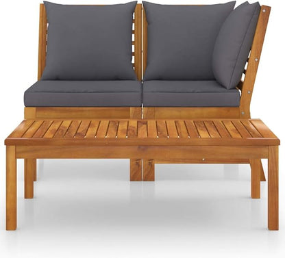 3-Piece Patio Sectional Set, Dark Grey Solid Acacia Wood Outdoor Couch with Coffee Table for Balcony Garden Terrace