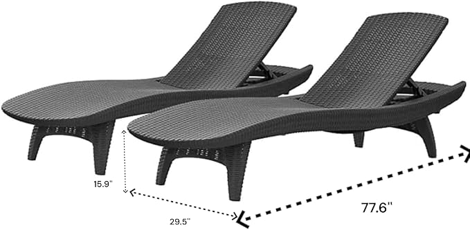 Outdoor Patio Chaise Lounge Chairs, All-Weather Wicker Rattan, Adjustable Backrest, Set of 2 (Gray)