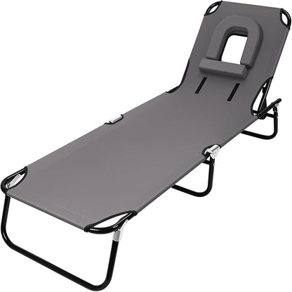 Face Down Chaise Lounge Chair,4-Position Height Adjustable Sunbathing,Adults Outdoor Recliner Chair with Removable Pillow,Foldable Tanning Chair for Pool,Beach,Patio,Quick Fold Design Grey