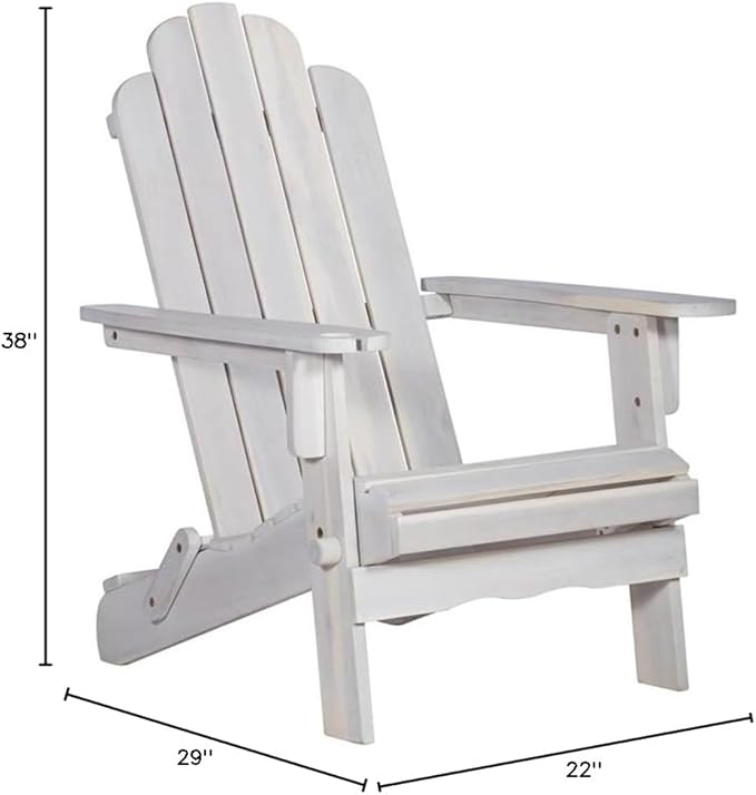 Pemberly Row Outdoor Acacia Wood Adirondack Chair, White Wash Finish, 38 x 22 x 29 in, Classic Design with Wine Glass Holder, Durable Patio Seating for Backyard, Deck, or Garden
