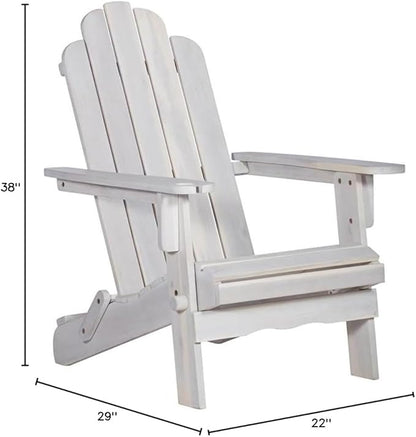 Pemberly Row Outdoor Acacia Wood Adirondack Chair, White Wash Finish, 38 x 22 x 29 in, Classic Design with Wine Glass Holder, Durable Patio Seating for Backyard, Deck, or Garden