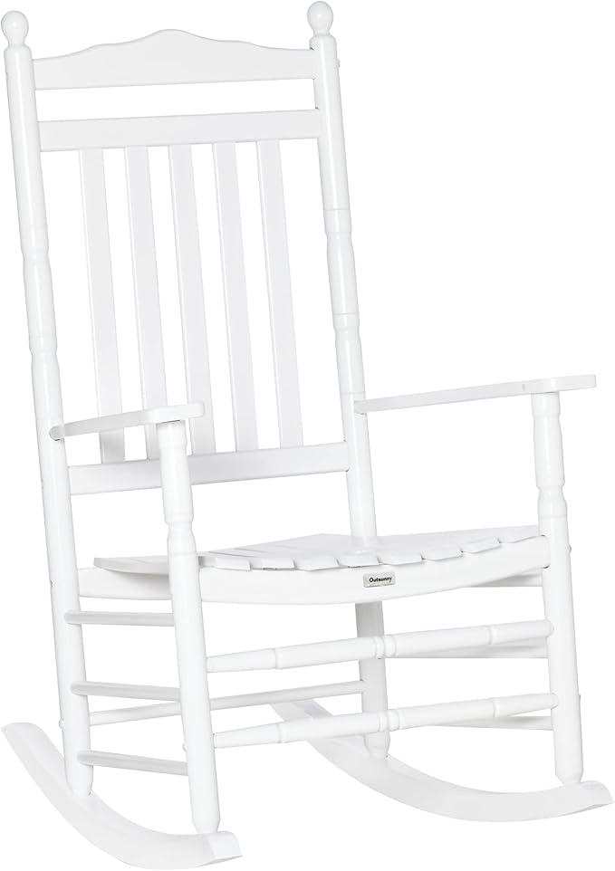 Outsunny Traditional Wooden High-Back Rocking Chair for Porch, Indoor/Outdoor, White