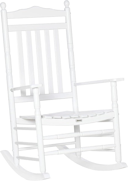 Outsunny Traditional Wooden High-Back Rocking Chair for Porch, Indoor/Outdoor, White