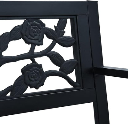 Patio Bench 49.2" Black Steel Outdoor Garden with Rose Pattern Backrest, Vintage Style Durable Powder-Coated Metal Bench for Patio, Lawn, Backyard
