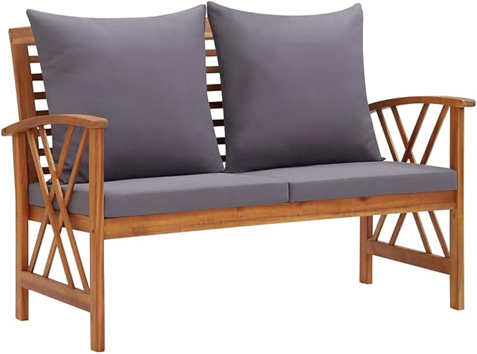 Garden Bench Acacia Wood Finish and Dark Grey Cushions Garden Seating Yard Bench for Lawn