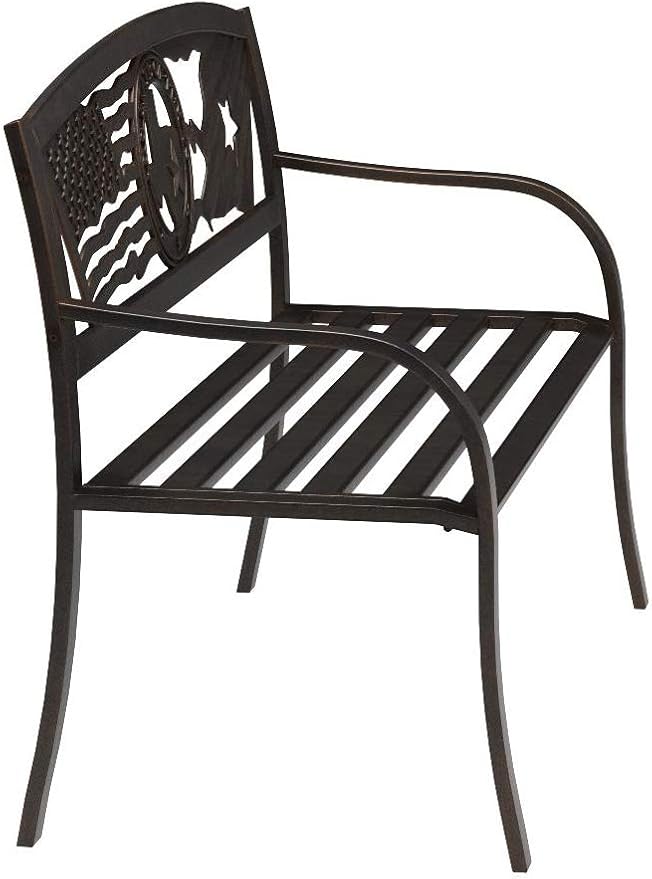 Leigh Country Flags Over Texas Metal Bench, Outdoor Decorative Patio Seating for Porch/Deck