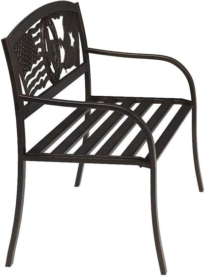 Leigh Country Flags Over Texas Metal Bench, Outdoor Decorative Patio Seating for Porch/Deck
