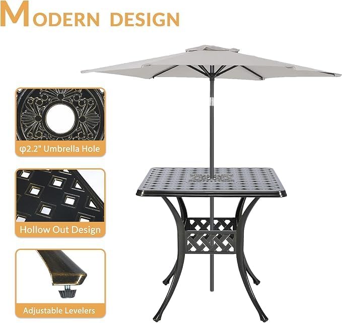 Outdoor Cast Aluminum Patio Table, 30.5” Square Bistro Table with 2.2” Umbrella Hole for Patio Garden Deck Backyard - Photo 3