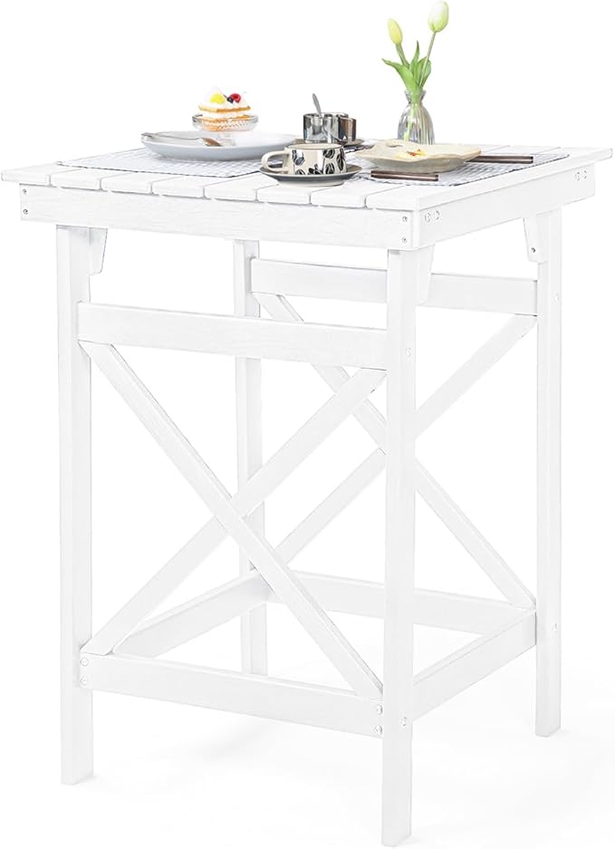 HDPE Outdoor Bar Table, 41" Adirondack Outdoor Bar Height Table, Weather Resistant HDPE Patio High Top Pub Table, Square HDPE Patio Bar Tables for Garden, Porch, Poolside, Balcony, Pearl