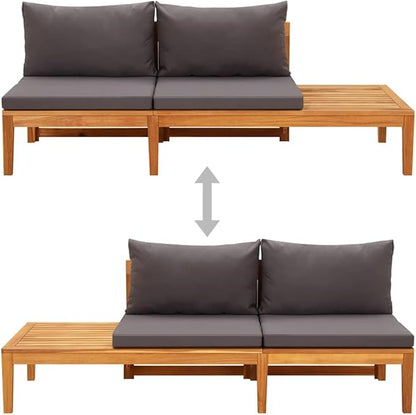 Solid Acacia Wood Garden Bench with Reversible Table and Plush Cushions for Outdoor Patio Balcony Seating in Dark Grey Finish
