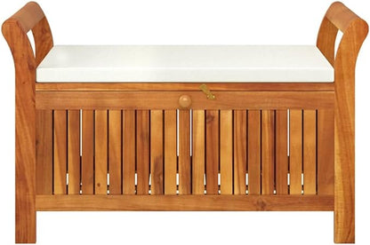 Outdoor Storage Bench Cream White, Natural Wood Garden Bench with Seat Cushion, Spacious Storage Compartment for Patio Balcony Porch Deck Entryway, Solid Acacia Wood Furniture