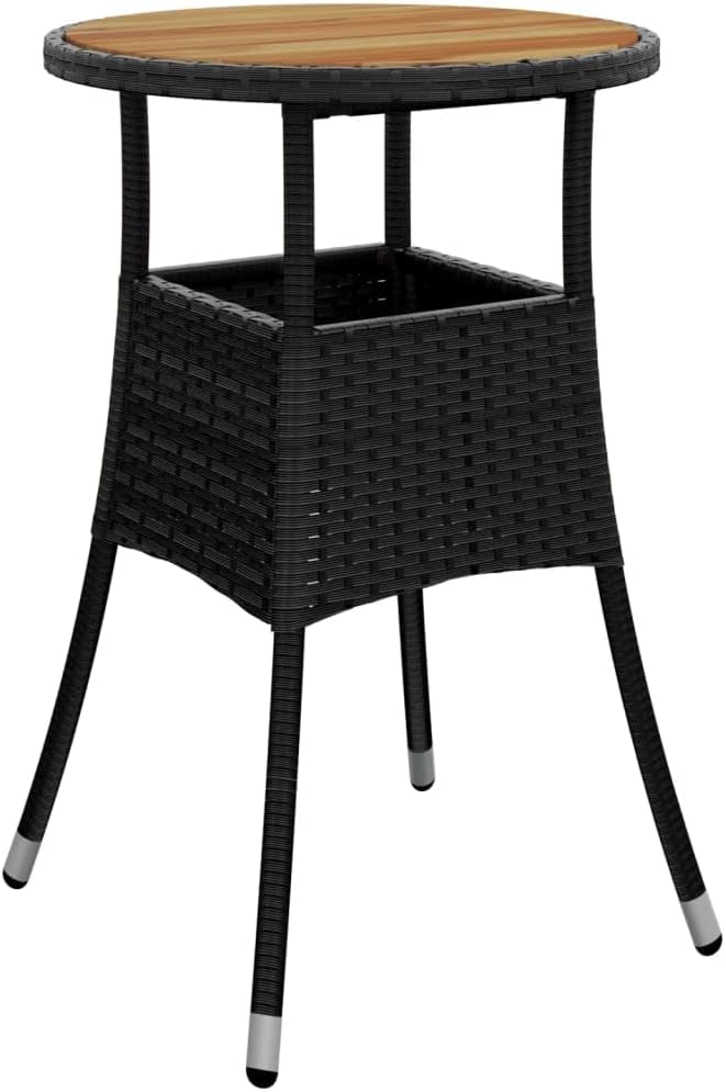 Black Round Garden Dining Table with Acacia Wood and Poly Rattan, Ø23.6 Inch Outdoor Patio Table for Balcony, Durable Steel Frame, Weather Resistant Design, Easy Maintenance