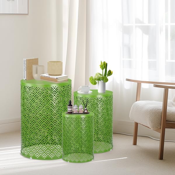 Outdoor Side Table Set of 3, Nesting Coffee End Tables Indoor, Lightweight Patio Furniture for Balcony, Garden,Coffee Table for Indoor, Plant Stand Outdoor,12", 14", 16" H (Green)