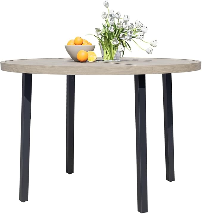All-Weather 42" Round Outdoor Patio Table for 4, Metal Ivory Dining Table with Adjustable Umbrella Hole, Garden - Photo 7