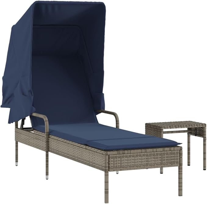 Gray PE Rattan Outdoor Chaise Lounge with Retractable Canopy & Side Table, 31 x 78.7 x 51.2 in Sun Lounger - Photo 3