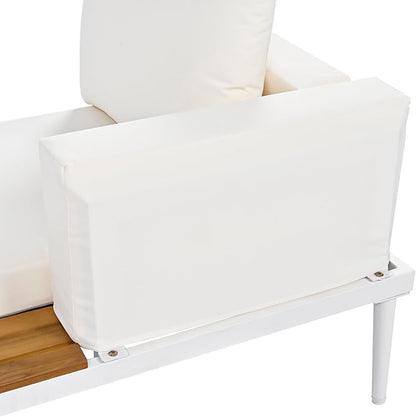 Modern Outdoor Patio Daybed with Wood Topped Side Spaces for Drinks, All Weather 2 in 1 Padded Chaise Lounges Reclining Chairs for Garden Balcony Poolside Deck (Beige-SD)
