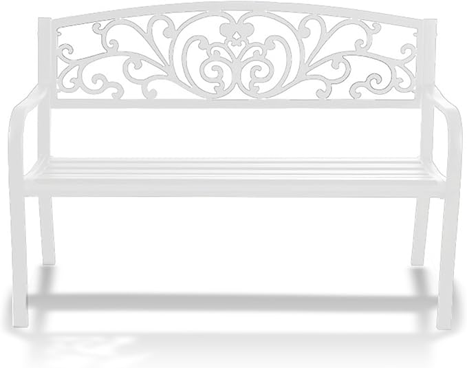 Outdoor Metal Garden Bench, Patio 3 Seater Steel Bench, Outdoor Furniture Seat w/Backrest and Armrests for Backyard, Park, Front Porch(White)