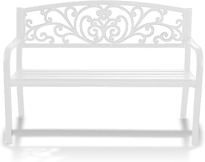 Outdoor Metal Garden Bench, Patio 3 Seater Steel Bench, Outdoor Furniture Seat w/Backrest and Armrests for Backyard, Park, Front Porch(White)